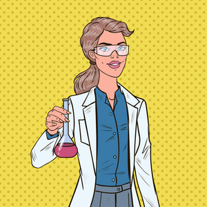 流行艺术女科学家与烧瓶。女实验室研究员。化学药理学的概念。矢量插图