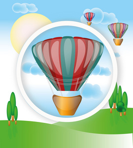 热空气气球飞在天空，背景中的颜色