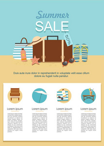 夏季销售图表。在沙滩上的手提箱和沙滩配件。矢量插图