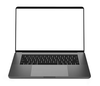 白色背景，黑色铝身体上孤立的空白屏幕的笔记本电脑。整体的焦点。高详细