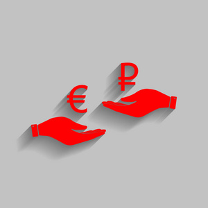 货币兑换从手。欧元和卢布。矢量。与软阴影在灰色的背景上的红色图标