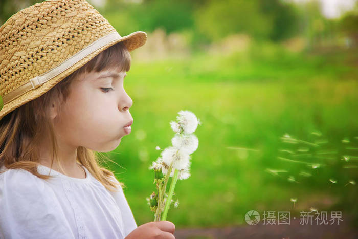 空气中吹蒲公英的女孩.选择性的焦点