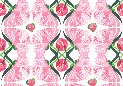 精彩明媚的春光优雅多彩美丽温柔抽象图形草药花卉组成的粉红色与绿色牡丹叶模式水彩手图