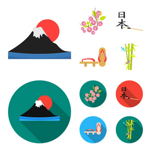 花, 樱花, 竹子, 象形文字。日本集合图标在卡通, 平面式矢量符号股票插画网站