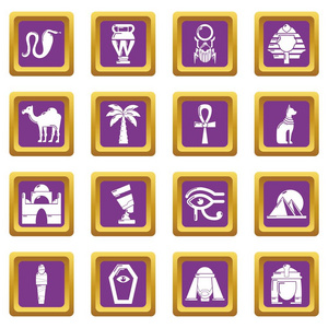 埃及旅游图标设置紫色方形矢量