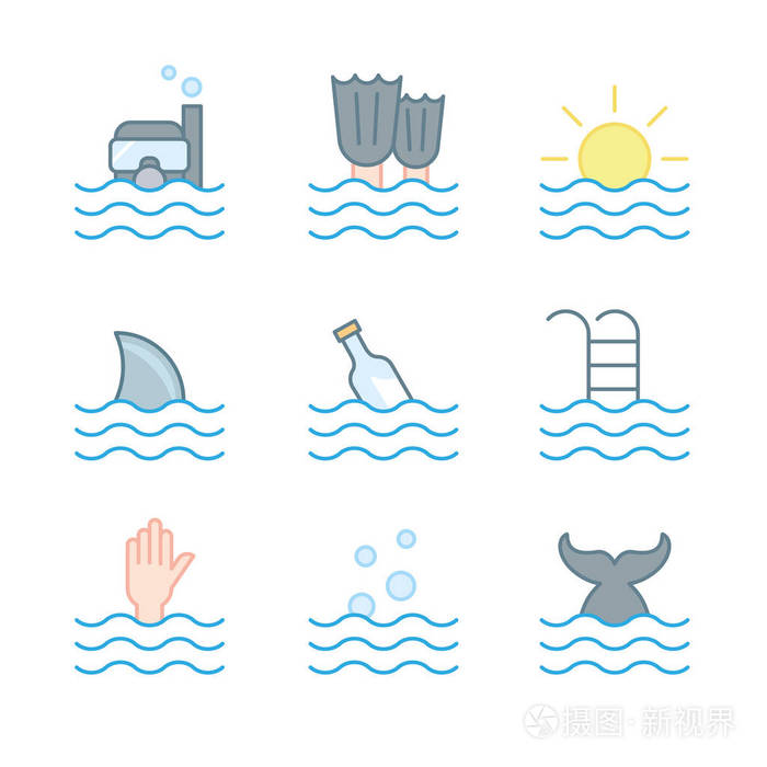 收集波浪图标.潜水员, 水池, 海, 鱼, 夏天, 游泳的标志