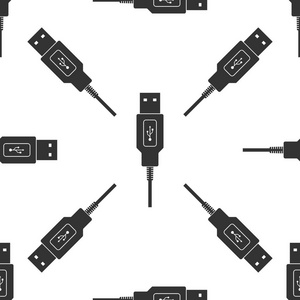 Usb 电缆线图标在白色背景上无缝图案。Pc 和移动设备的连接器和插座。电脑外设连接器或智能手机充电供应。平面设计。矢量插图