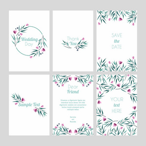 一套带有花卉设计元素的卡片。婚礼饰品的概念。矢量版式装饰贺卡或请柬设计背景