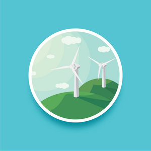 景观圆矢量插画的风力发电机。景观风力发电