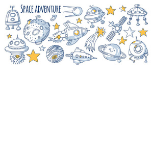 空间 卫星 月亮 星星 飞船 空间站空间手绘涂鸦图标和模式
