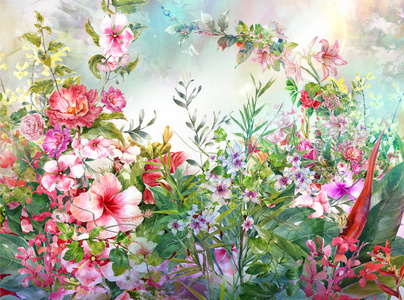 抽象多彩的花水彩画。春天多彩多姿在 natur