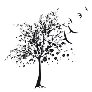 开花树的黑色剪影与飞行鸟, 载体, 例证, 春天概念