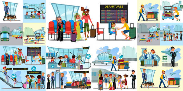 人们在机场平彩色图标集的试点空姐游客旅行箱包检查站和安检孤立的矢量图