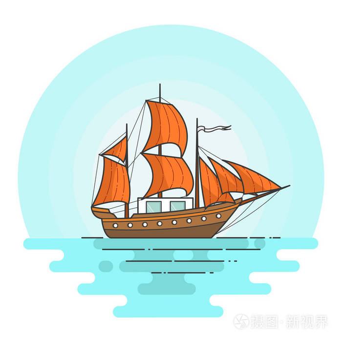 插画 颜色与橙色船在海中.