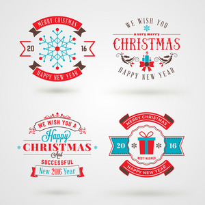 圣诞快乐和新年快乐装饰徽章或标签贺卡一套。矢量图