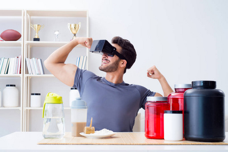 男人与营养罐和虚拟现实眼镜