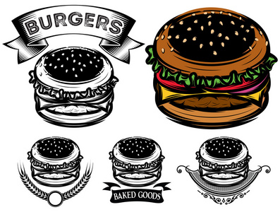 与广告快餐的设计选项的单色和彩色汉堡