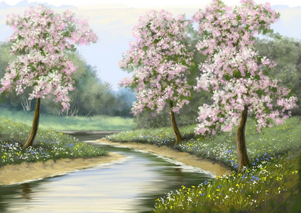 春天，花，河绘画