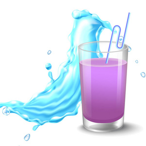 水溅在透明玻璃周围的蓝色与果汁