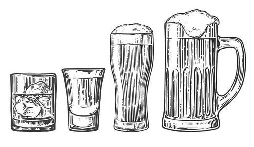 集玻璃啤酒, 威士忌, 龙舌兰酒, 白兰地。在白色背景下分离的矢量雕刻复古插图
