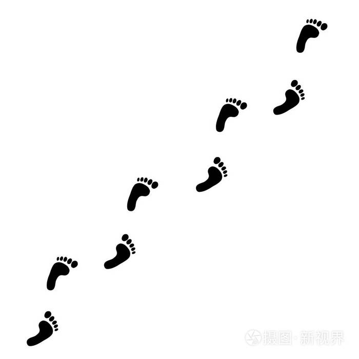 在白色背景下被隔离的人类足迹路径的黑色剪影.脚印对角线痕迹.