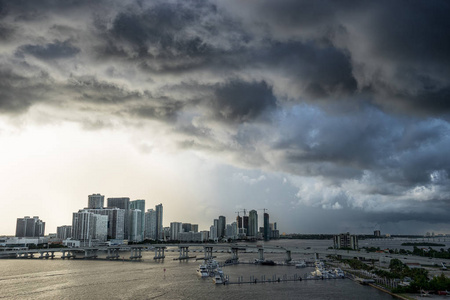 迈阿密佛罗里达风暴日落。从海中看到大乌云和大风