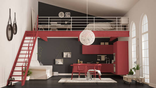 斯堪的纳维亚的简约阁楼，带红色厨房一居室公寓