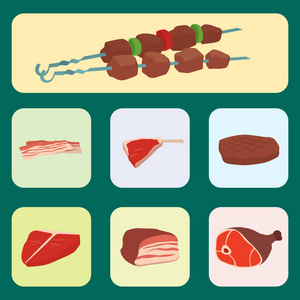 肉产品套卡通美味烧烤烤肉串多种美味美食和动物分类切片羊肉煮熟矢量图