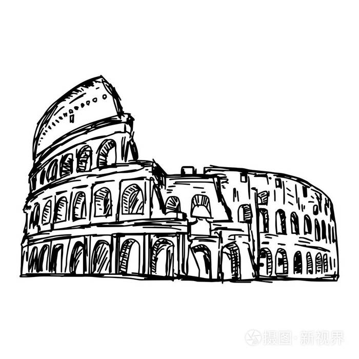 古罗马圆形竞技场-矢量图草图手绘孤立在白色背景上