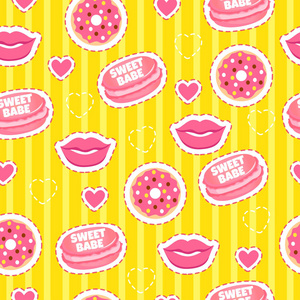 女孩的时尚贴纸时尚无缝模式 甜甜圈 嘴唇 心和杏仁饼。甜甜宝贝。黄甜甜背景