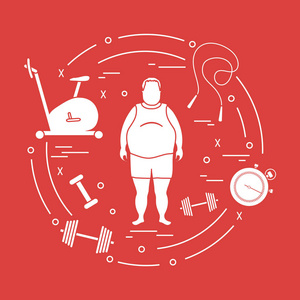 胖人和不同的运动器材。健康的生活方式。运动自行车, 跳绳, 秒表, 哑铃