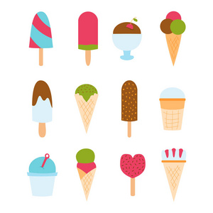 设置冰卡通多彩奶油甜点矢量插画巧克力食品甜冷孤立的图标小吃锥美味水果冷冻糖果集合