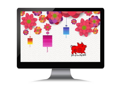 春节期间, 显示器上开着花。猪的年
