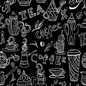 咖啡和茶。复古手绘涂鸦无缝模式在黑板上。矢量图