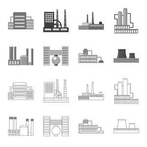 工业生产。工厂集合图标的轮廓, 单色风格矢量符号股票插画网站