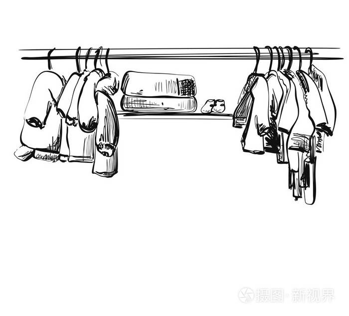 手绘衣柜素描衣架上的婴儿衣服