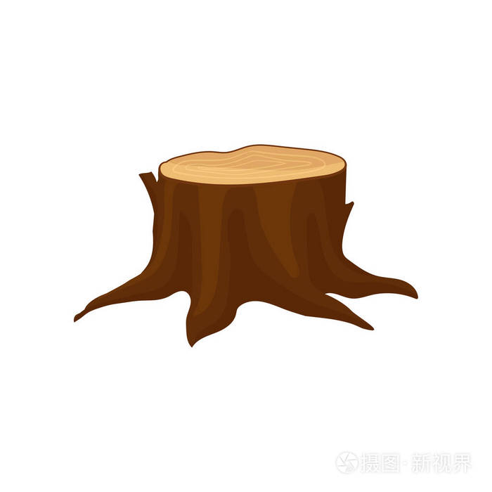 老棕树树桩的扁平矢量图标, 每年生长年轮和大根.自然