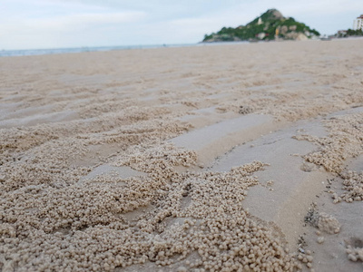 沙滩上的沙蟹洞和海滩线上的岩石山
