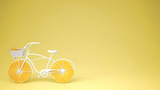 白色自行车与切片橙色轮子, 健康生活方式概念以黄色柔和的背景拷贝空间
