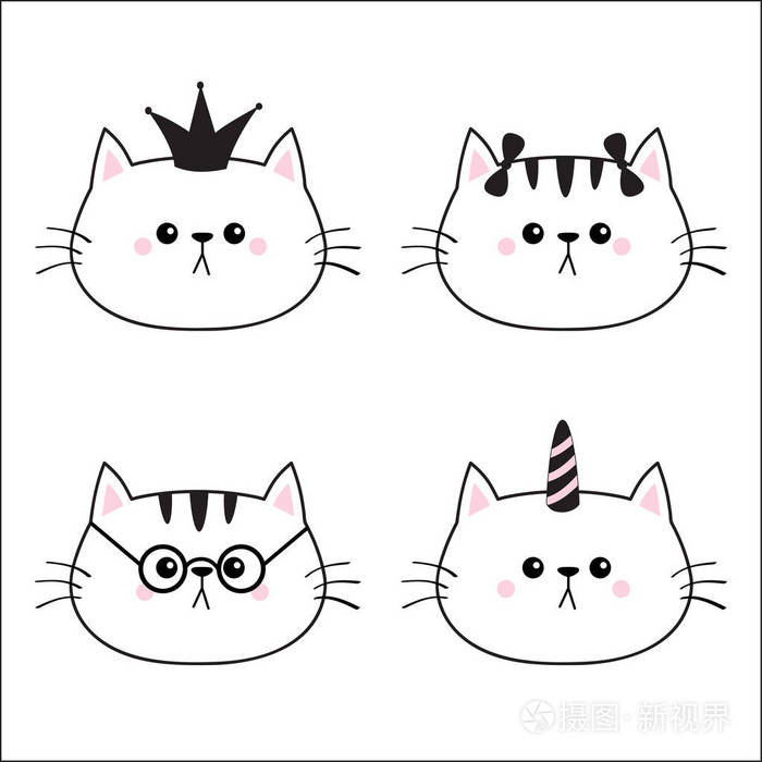 线性猫头脸剪影图标设置.皇冠, 独角兽喇叭, 眼镜, 太阳镜, 弓.