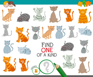 卡通插图为孩子们的猫或小猫角色找到一个类型的教育活动游戏