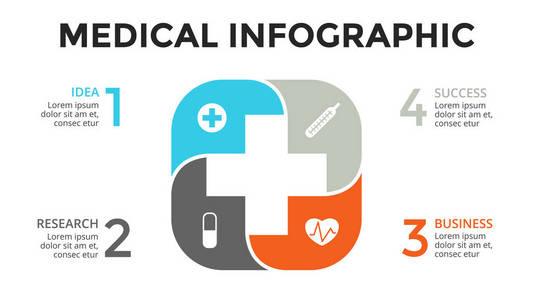 矢量加上信息图表 医疗图 医疗保健图 医院演示文稿 紧急情况的图表。医学医生徽标。概念与 4 选项 配件 步骤 流