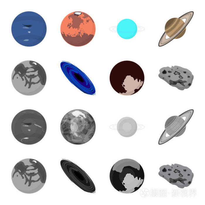 水星太阳系行星的冥王星一个黑洞和一颗陨石行星集合图标在卡通单色