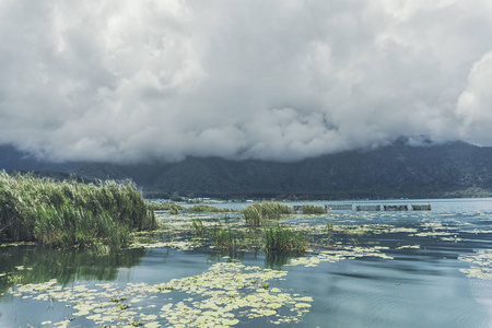 跑过一座小山到巴图尔湖在印度尼西亚巴厘岛上的云