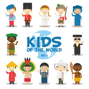 孩子的世界矢量插图 民族设置 1。身穿不同民族服装的 12 个字符的集合图片