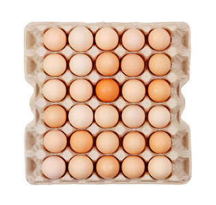 盒子里的鸡蛋躺在白色背景上, 上面的视图关闭