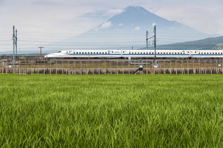 日本, 静冈县7月03日, 217 新干线子弹头列车和山富士在白天