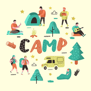 夏天。卡通人物的人在营地。旅行设备, 篝火, 户外活动。矢量插图