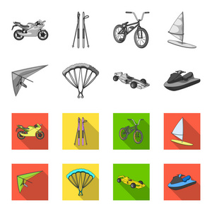 悬挂滑翔机, 降落伞, 赛车, 水上滑板车。极限运动集合图标单色, 平面式矢量符号股票插画网站