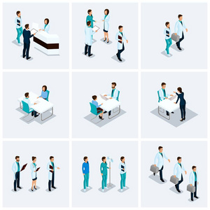 设置等距的卫生保健提供者 外科医生 护士 医生包医院明亮的背景上孤立的 3d 概念